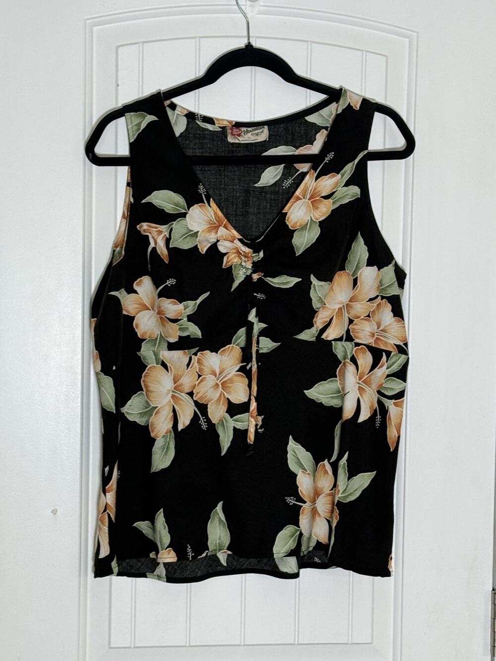 90's Vintage Hilo Hattie Women's XL V-Neck Sleeveless Scrunch Front Top